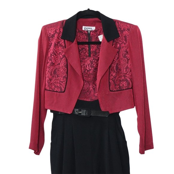 Black Wine Jumpsuit, with Cropped Jacket, Jaquard Floral Pattern, by Dawn Joy II - Picture 2 of 10